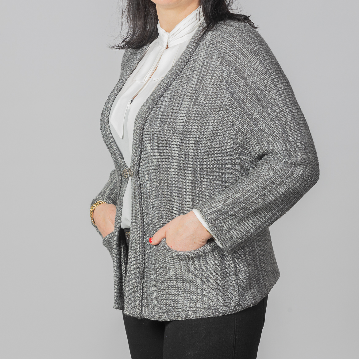 Lotte Cardigan by INESKA — side view, grey melange with pockets