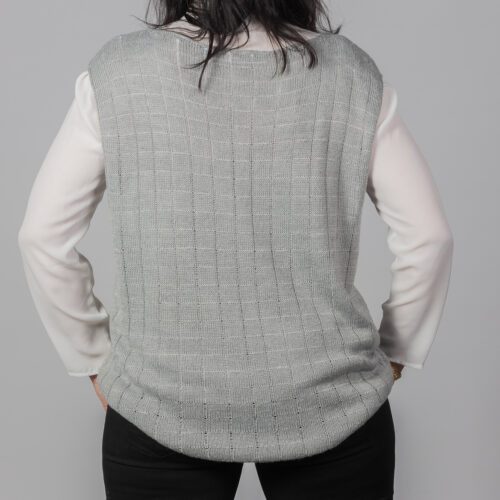 Back view of handknitted nettle gilet in natural grey by INESKA