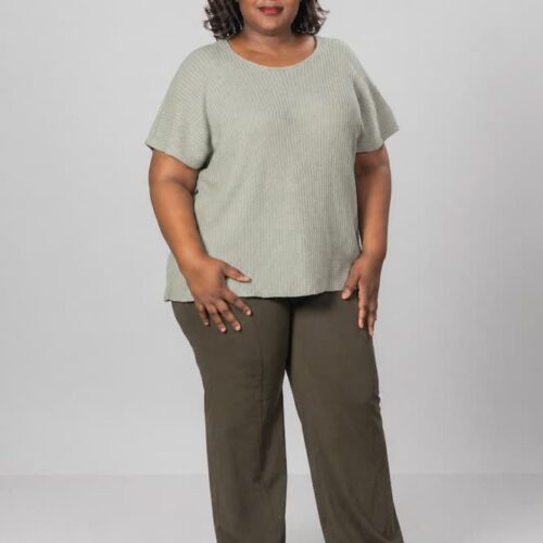 Handknitted Silk Merino Top in sage green — relaxed fit, size XXL, worn with wide-leg trousers. One of a kind luxury knitwear by INESKA, Netherlands.