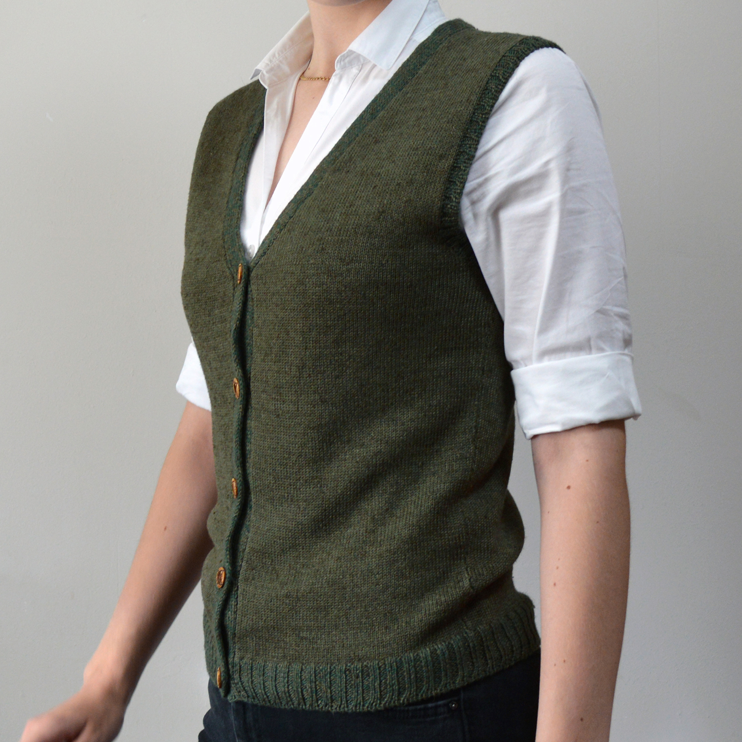 Nettle Green Vest by INESKA — side view, nettle and merino blend