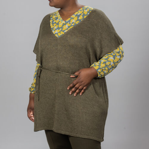 Handknitted Green Nettle Tunic with V-neck and belt by INESKA — front view