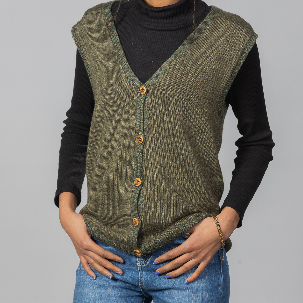 Nettle Green Vest by INESKA — casual look with black turtleneck