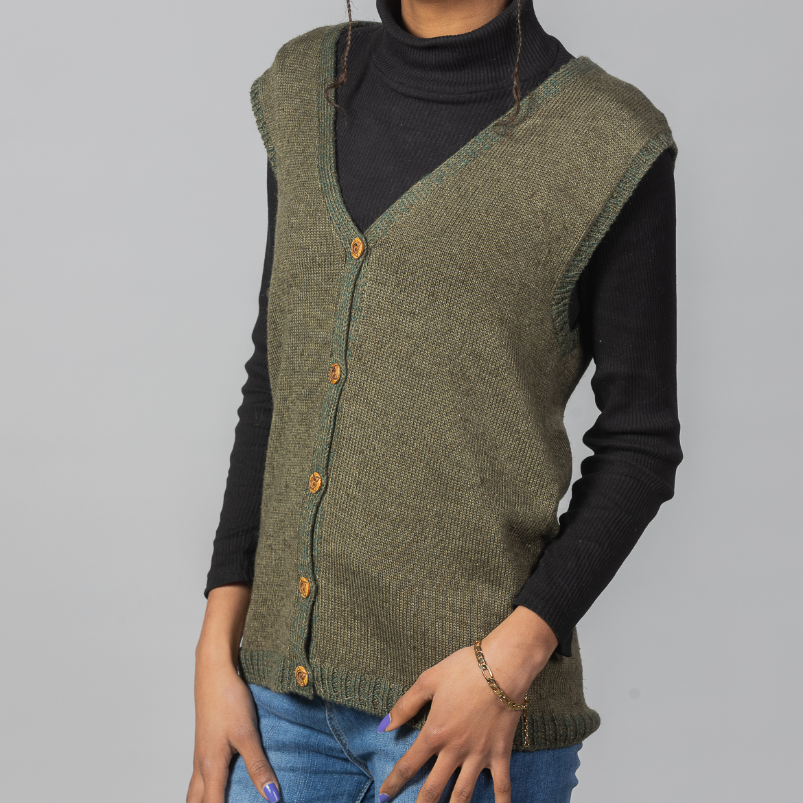Nettle Green Vest by INESKA — side view casual outfit