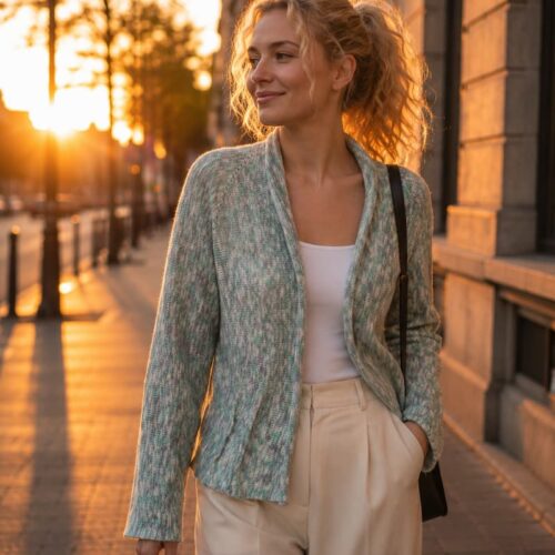 Handknitted mint multicolour merino wool cardigan — Dolores by INESKA, worn with cream trousers at golden hour