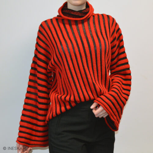 Handknitted red and black striped merino wool sweater Carmen by INESKA