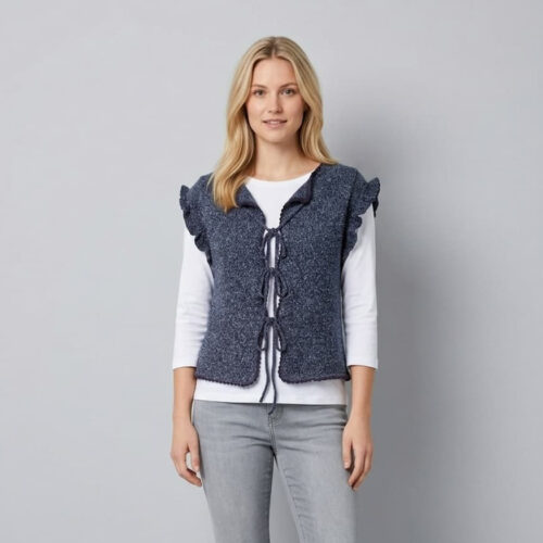 INESKA handknitted vest — V-neckline with decorative ribbons Вязаный жилет INESKA