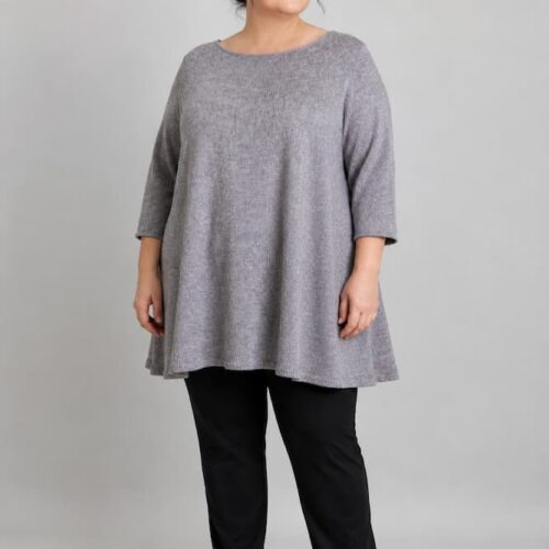 Handknitted grey mohair blend tunic with A-line silhouette — Laura Top by INESKA, worn with black trousers