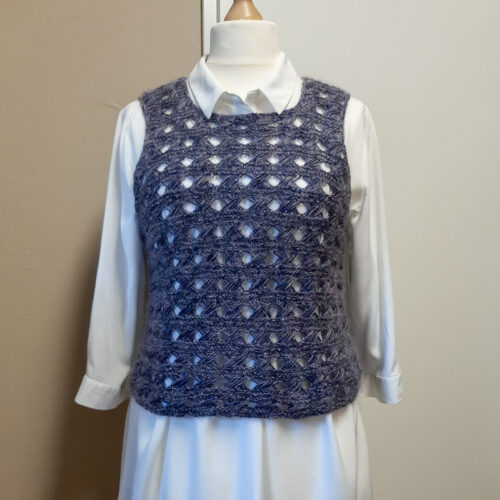 Handknitted Midnight Lace Gilet in blue-grey mohair by INESKA — front view
