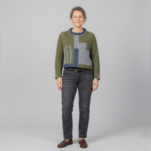 Magic Sweater by INESKA — reversible patchwork knit — olive green and blue — front view — handmade in the Netherlands