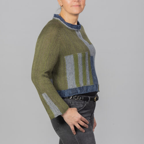 Magic Sweater by INESKA — reversible patchwork knit — olive green and blue — side view — handmade in the Netherlands