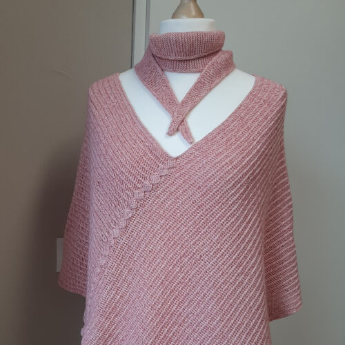 Handknitted Poncho and Mini Scarf Set by INESKA — pink mélange, front view