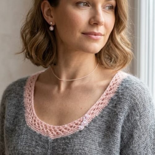 Woman wearing handknitted grey merino alpaca sweater with blush pink crochet neckline trim and decorative flowers — INESKA Cloud Raglan Sweater