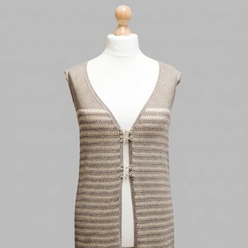 Long handknitted 100% linen vest on a dress form, natural taupe and beige stripes, INESKA
