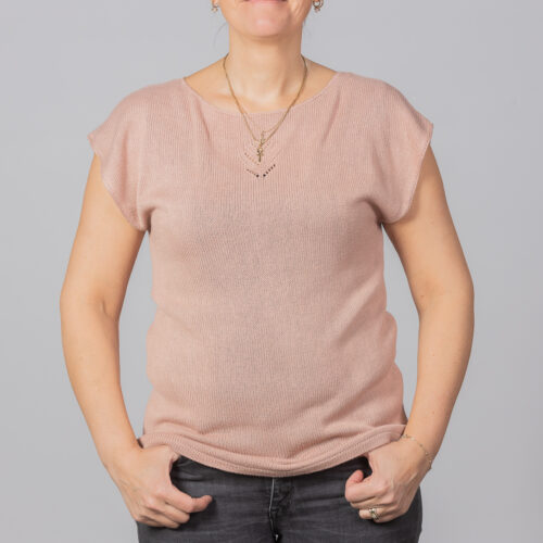 Handknitted bamboo silk flower top by INESKA — front view, blush beige, size M