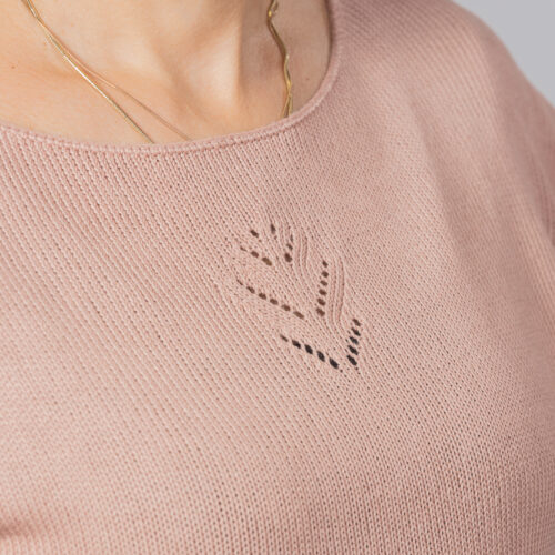 Handknitted bamboo silk top with lace flower detail by INESKA — close-up