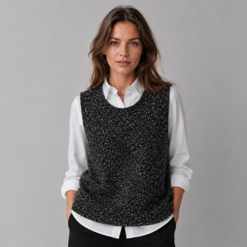 Handknitted black melange vest Milky Way by INESKA — front view on model
