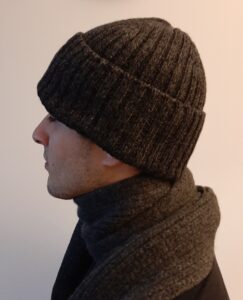 Handknitted merino wool hat and scarf set, dark grey melange