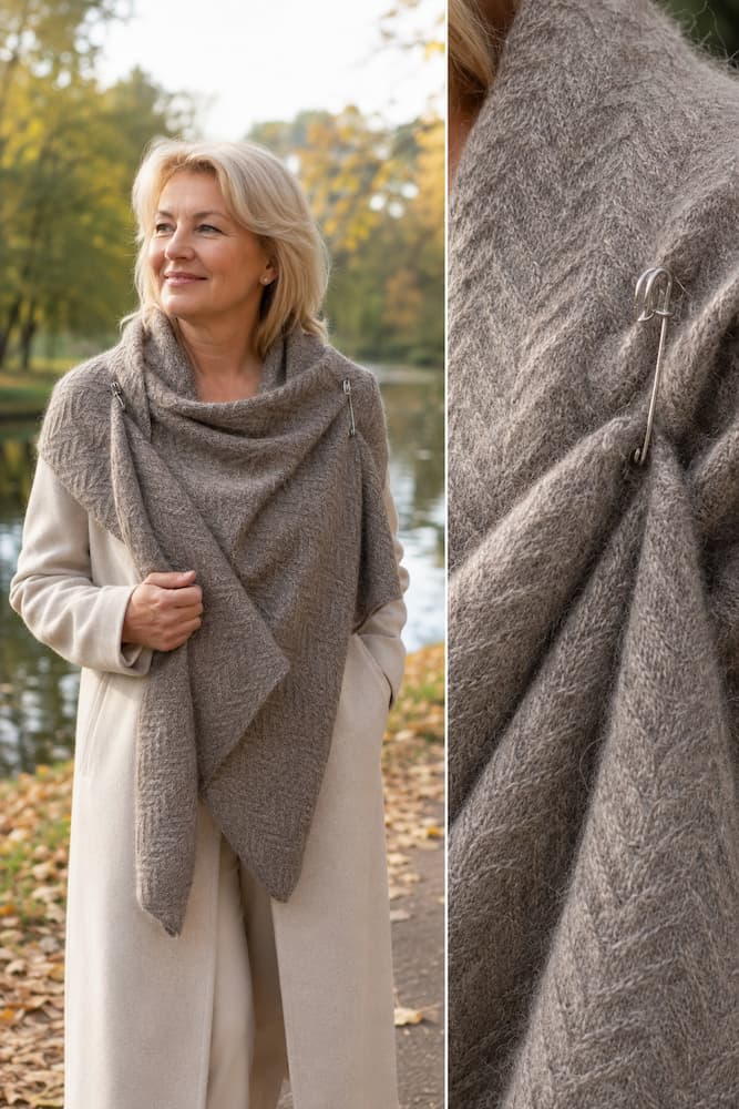 Woman wearing a taupe handmade mohair merino cashmere wrap scarf with decorative pin, autumn park
