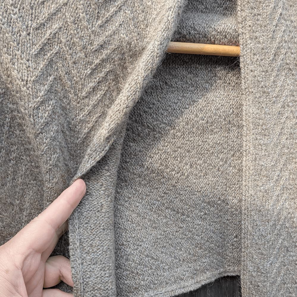 Close-up of herringbone knit texture in a handmade mohair merino cashmere scarf by INESKA