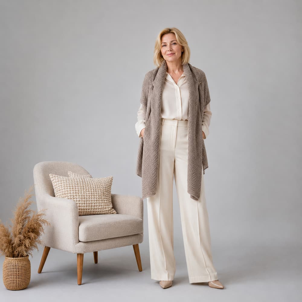 Full-length studio look of a taupe handmade mohair merino cashmere scarf styled over cream trousers and blouse